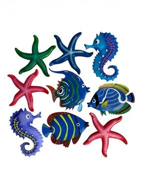 Y2K Fish & Ocean Themed Wall Decor Set of 9 Vibrant Tropical Painted Ceramic